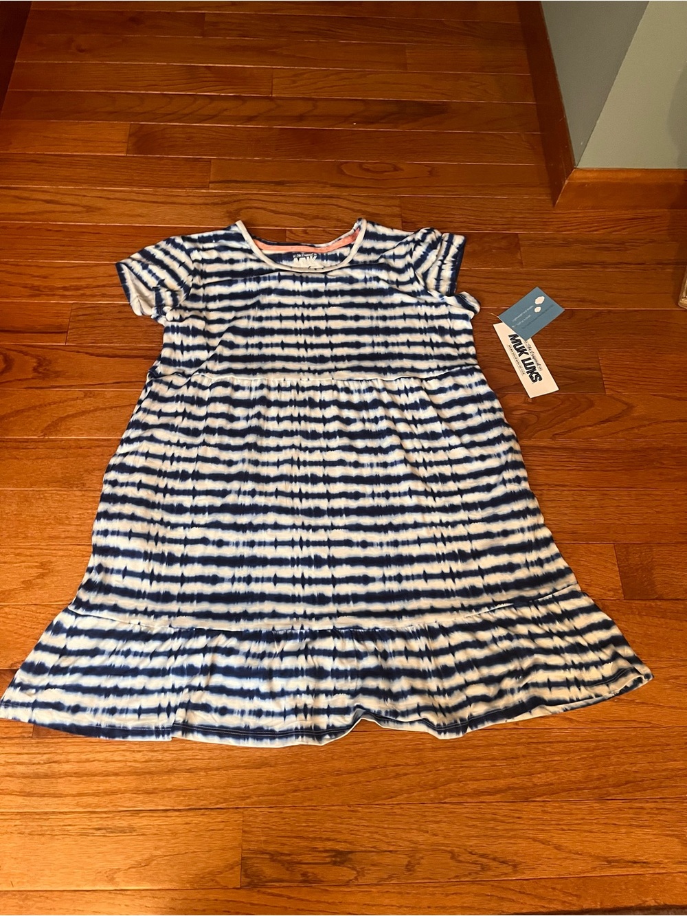 Muk Luks womens Blue & White Tie-Dye Short Sleeve Dress Size L